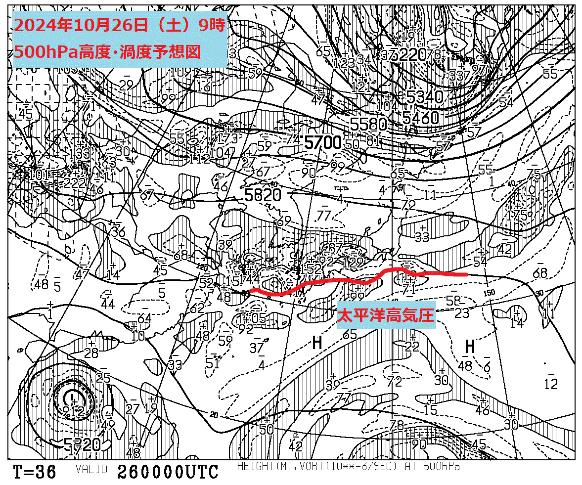 お天気コラム 2024年10月26日9時 500hPa高度渦度予想図【登山口ナビ】