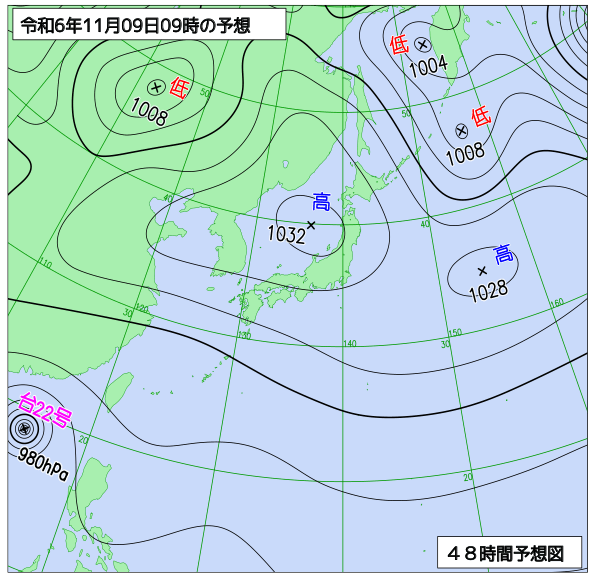 お天気コラム 2024年11月9日9時 地上予想天気図【登山口ナビ】