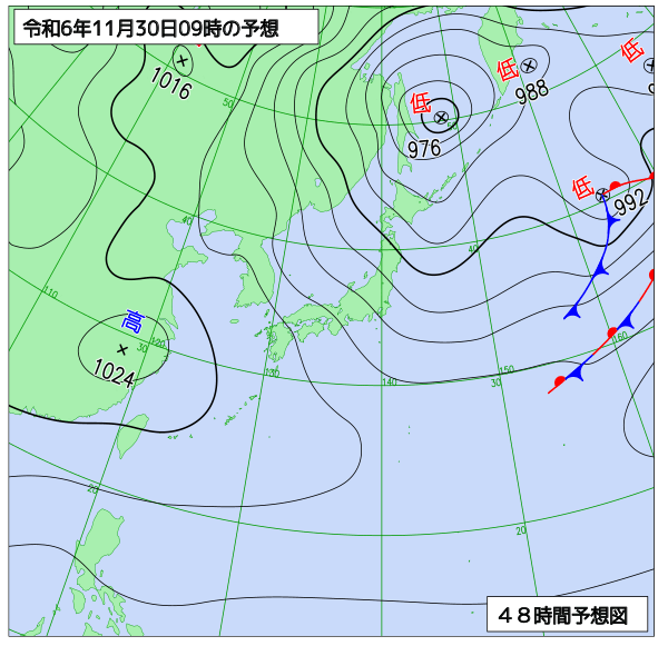 お天気コラム 2024年11月30日9時 地上予想天気図【登山口ナビ】