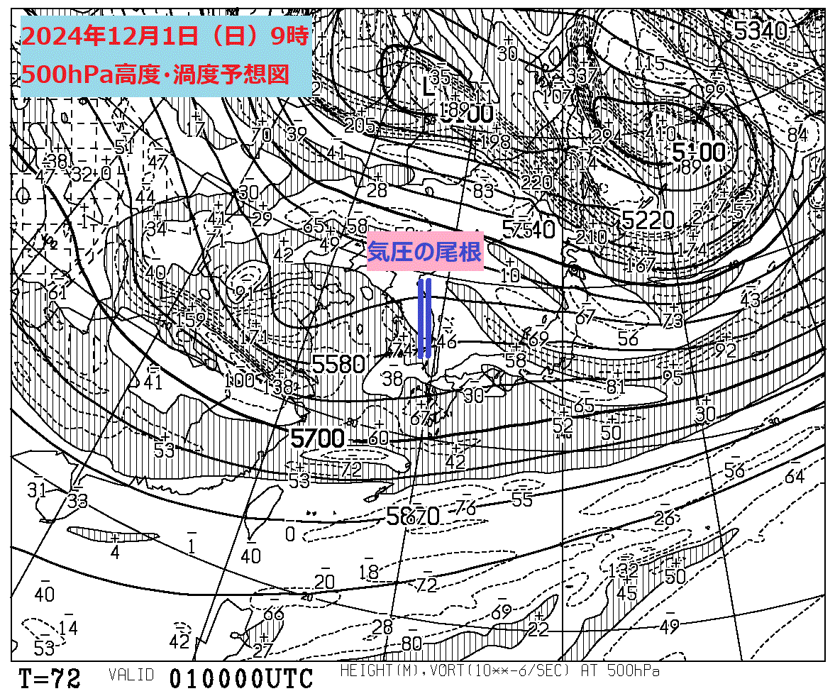 お天気コラム 2024年12月1日9時500hPa高度渦渦度予想図【登山口ナビ】