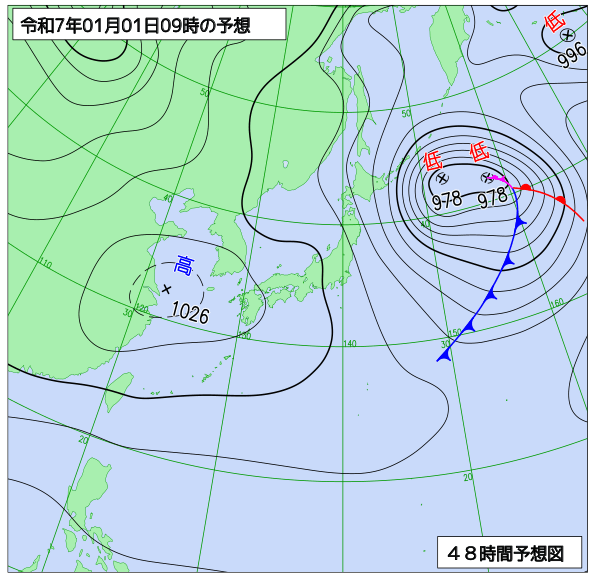 お天気コラム 2025年1月1日9時 地上予想天気図【登山口ナビ】