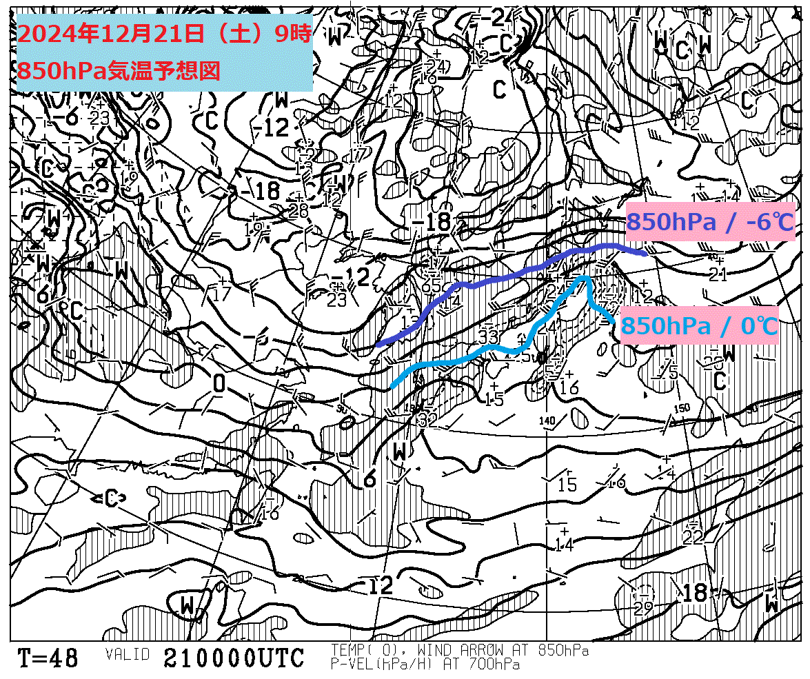 お天気コラム 2024年12月21日9時 850hPa気温予想図【登山口ナビ】