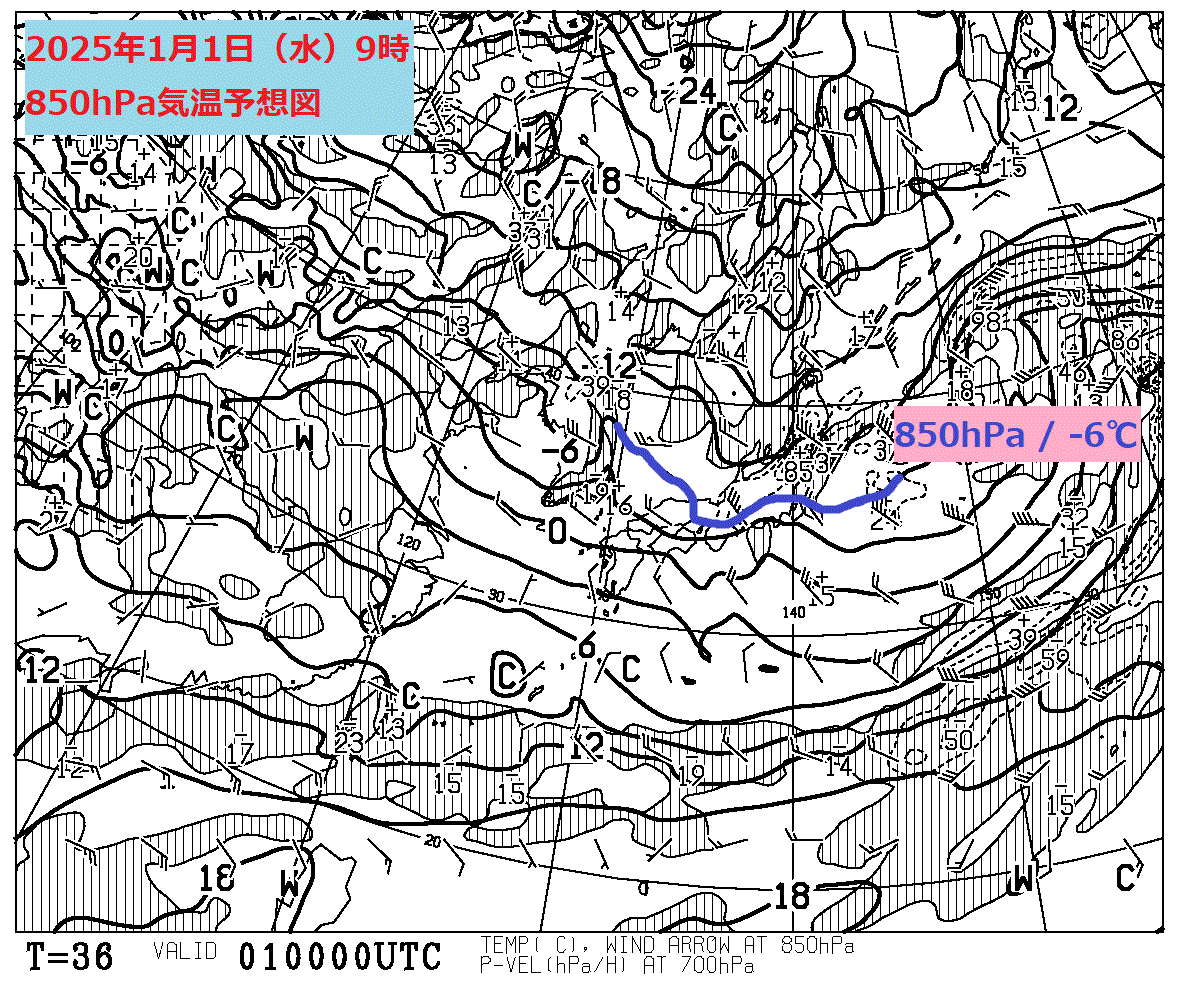 お天気コラム 2025年1月1日9時 850hPa気温予想図【登山口ナビ】