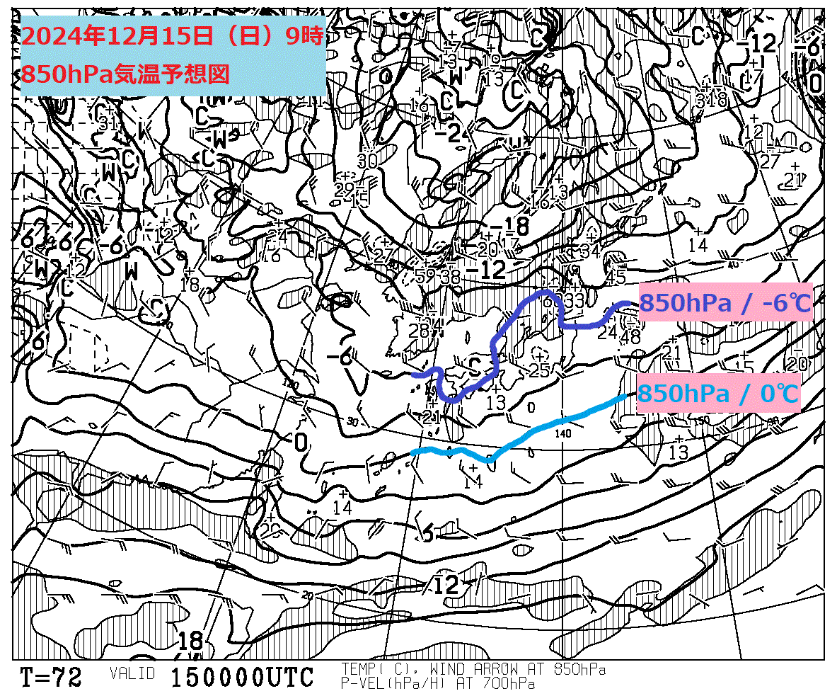 お天気コラム 2024年12月15日9時 850hPa気温予想図【登山口ナビ】