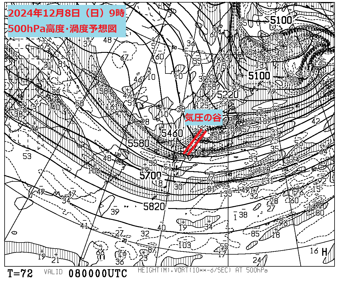 お天気コラム 2024年12月8日9時500hPa高度渦渦度予想図【登山口ナビ】