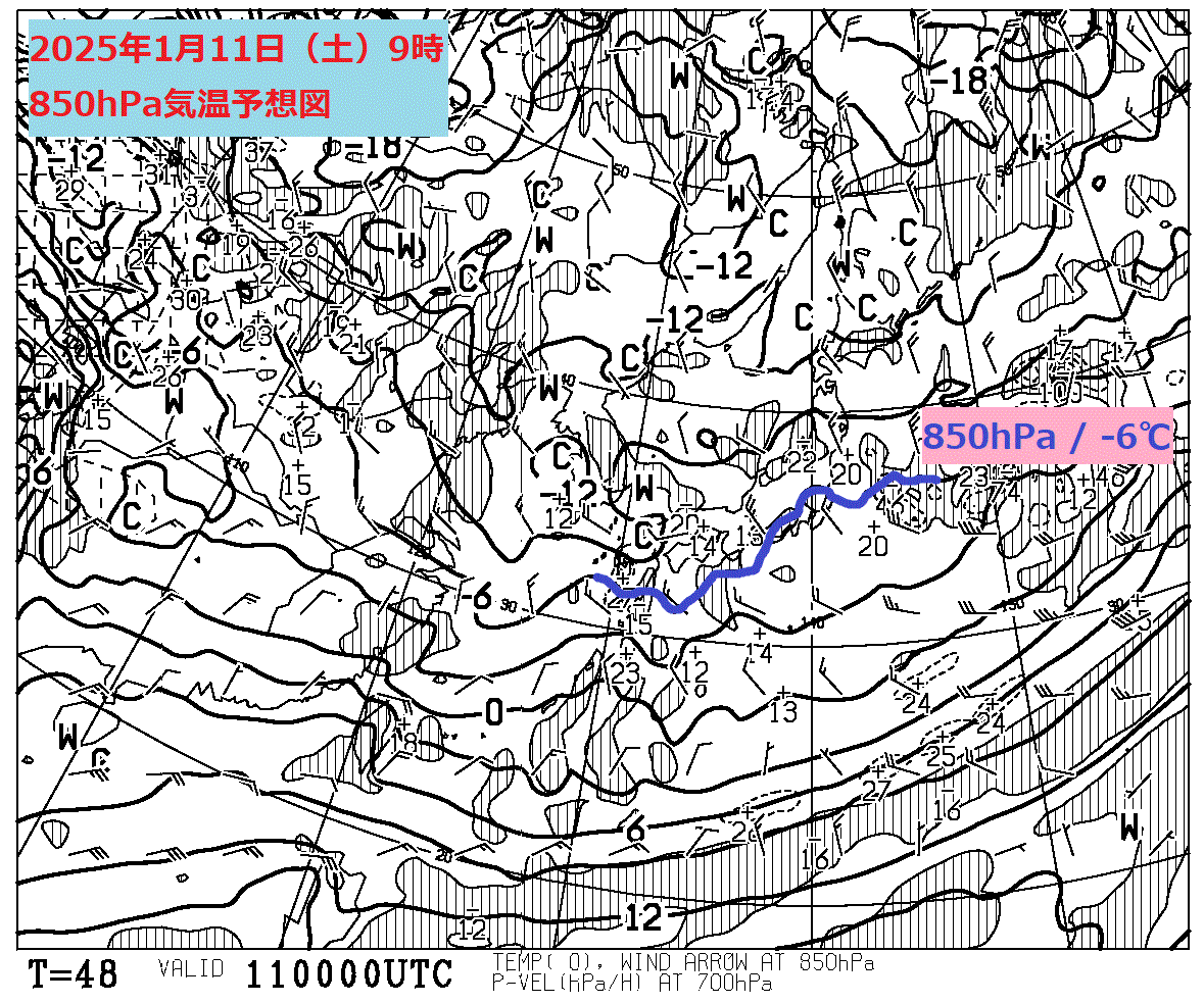 お天気コラム 2025年1月11日9時 850hPa気温予想図【登山口ナビ】