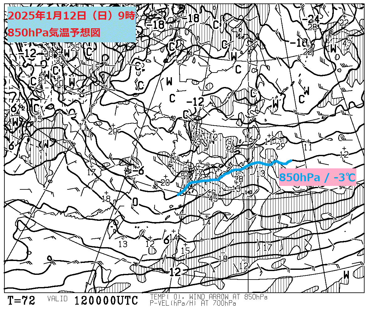 お天気コラム 2025年1月12日9時 850hPa気温予想図【登山口ナビ】