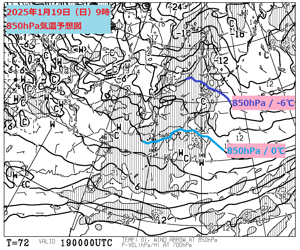 お天気コラム 2025年1月19日9時 850hPa気温予想図【登山口ナビ】