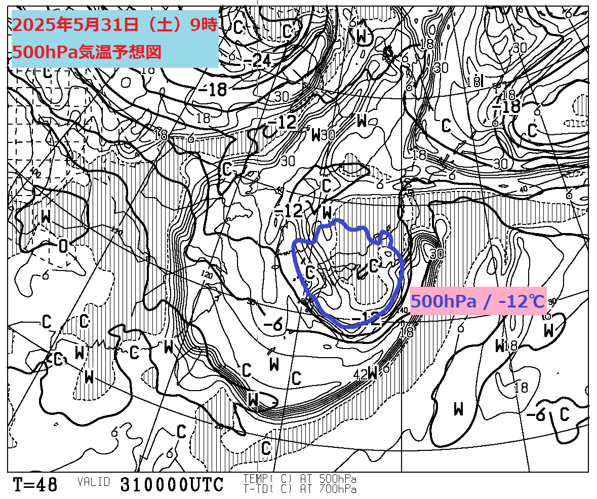 お天気コラム 2025年5月31日9時 500hPa気温予想図【登山口ナビ】
