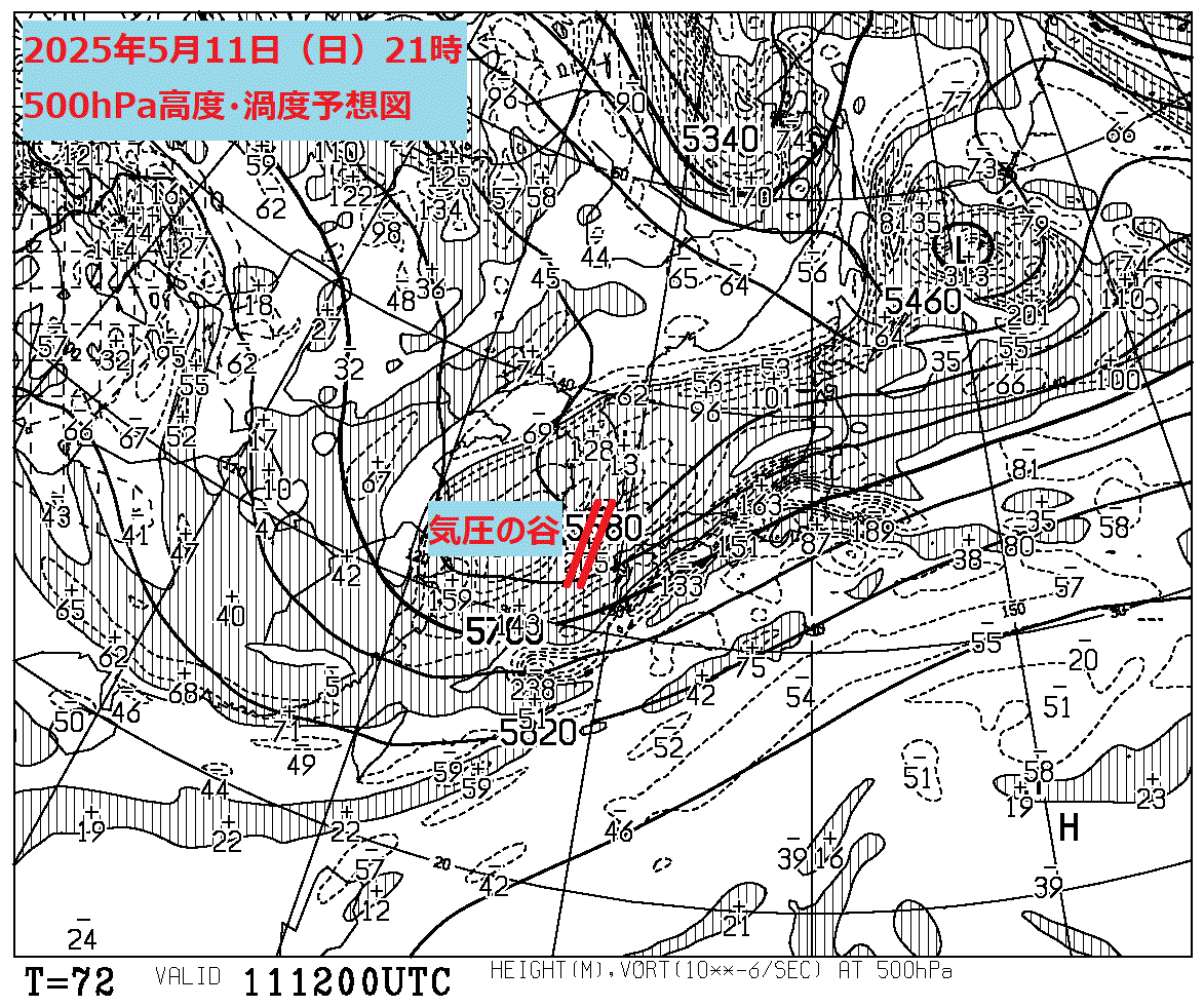 お天気コラム 2025年5月11日21時 500hPa高度渦度予想図【登山口ナビ】