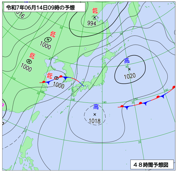 お天気コラム 2025年6月14日9時 地上予想天気図【登山口ナビ】