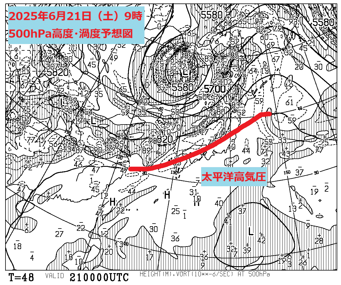 お天気コラム 2025年6月21日9時 500hPa高度渦度予想図【登山口ナビ】