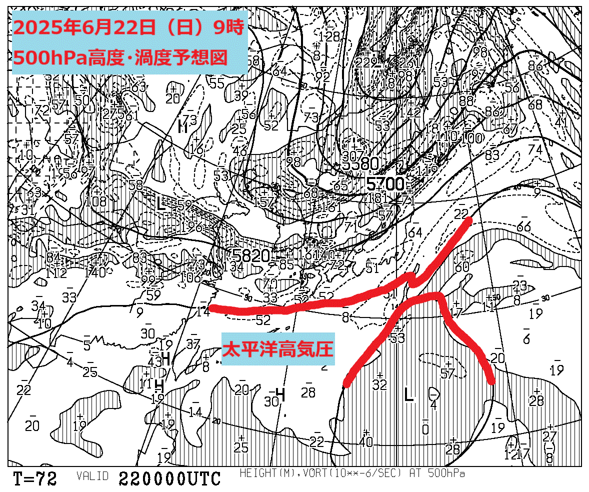 お天気コラム 2025年6月22日9時 500hPa高度渦度予想図【登山口ナビ】