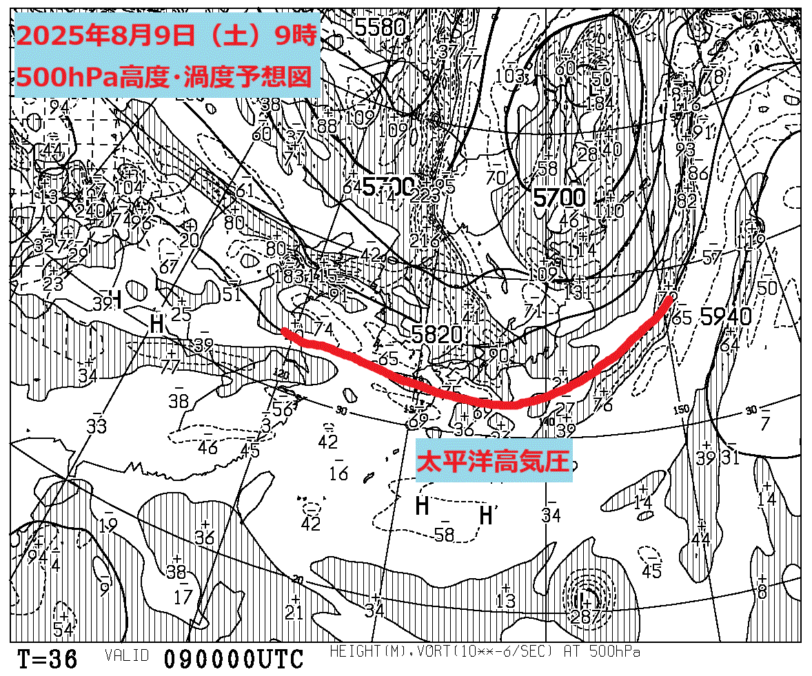 お天気コラム 2025年8月9日9時 500hPa高度渦度予想図【登山口ナビ】