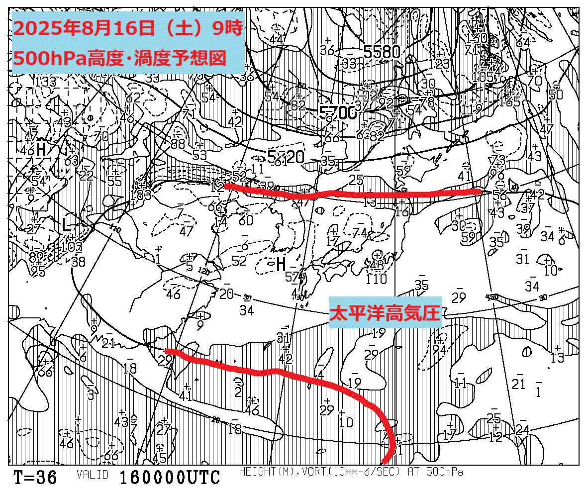 お天気コラム 2025年8月16日9時 500hPa高度渦度予想図【登山口ナビ】