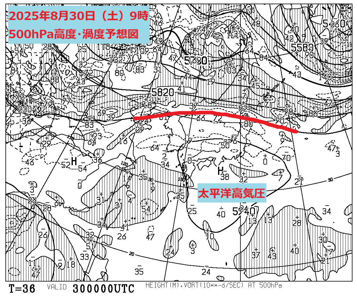 お天気コラム 2025年8月30日9時 500hPa高度渦度予想図【登山口ナビ】