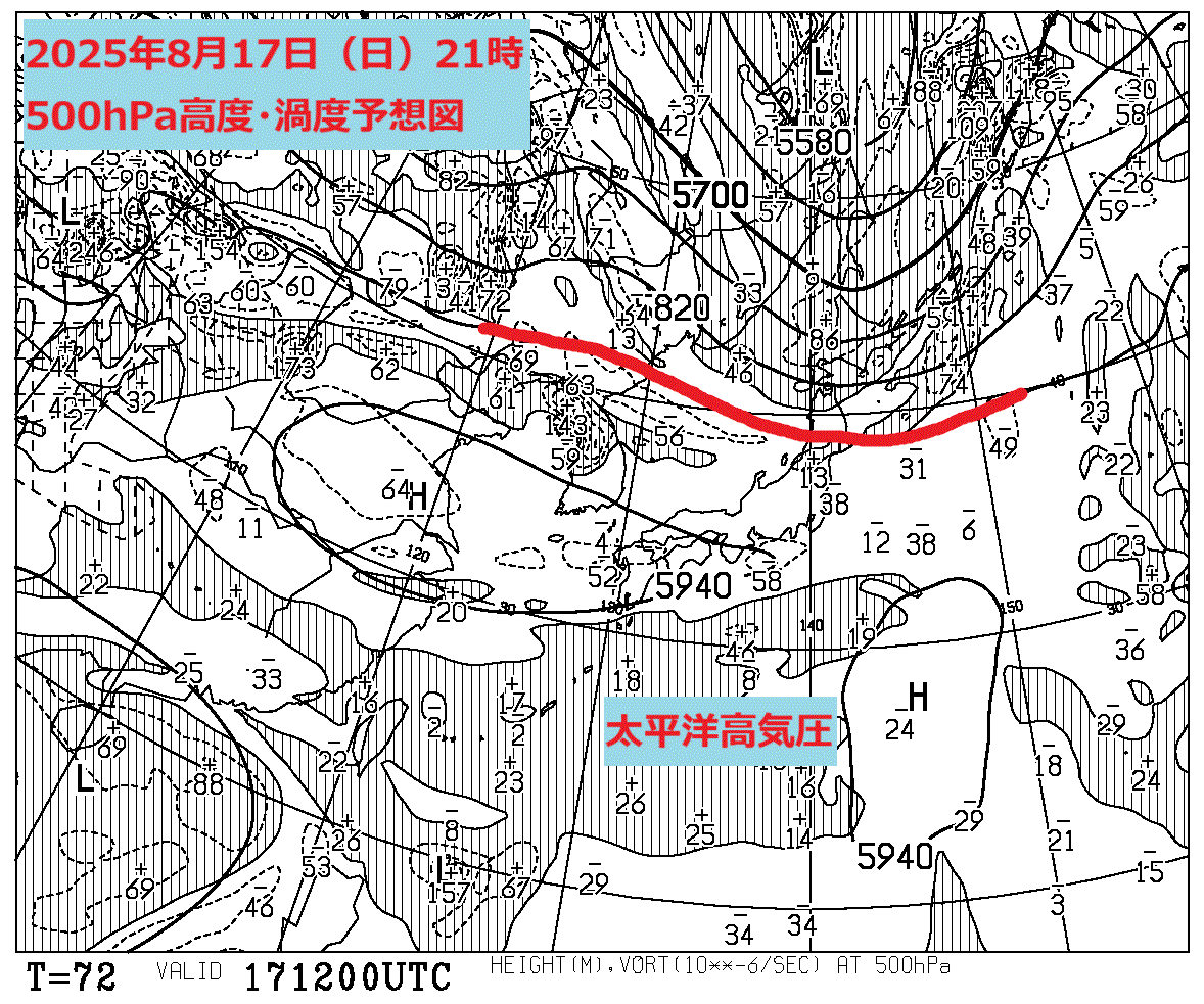 お天気コラム 2025年8月17日21時 500hPa高度渦度予想図【登山口ナビ】