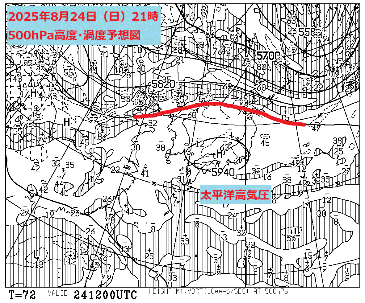 お天気コラム 2025年8月24日21時 500hPa高度渦度予想図【登山口ナビ】