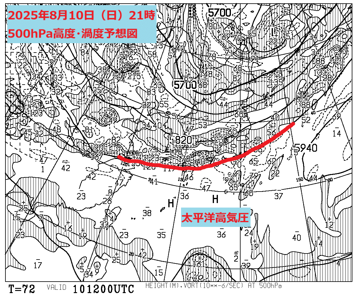 お天気コラム 2025年8月10日9時 500hPa高度渦度予想図【登山口ナビ】