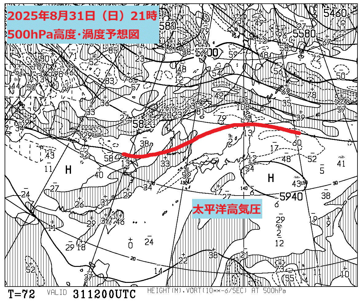 お天気コラム 2025年8月31日9時 500hPa高度渦度予想図【登山口ナビ】