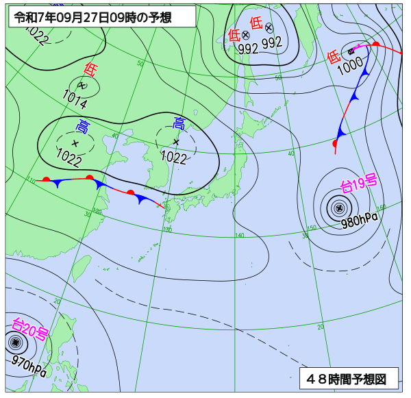お天気コラム 2025年9月27日9時 地上予想天気図【登山口ナビ】