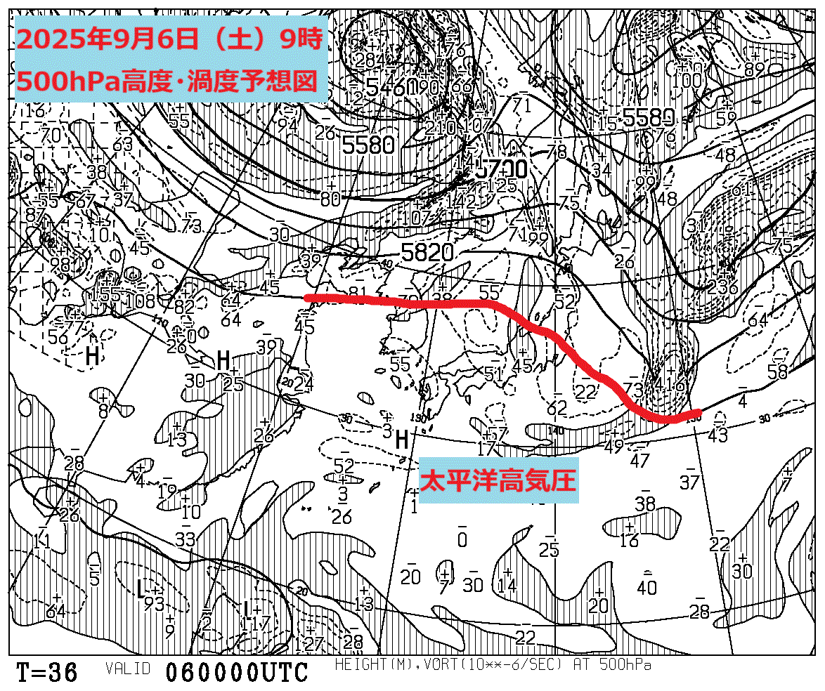お天気コラム 2025年9月6日9時 500hPa高度渦度予想図【登山口ナビ】