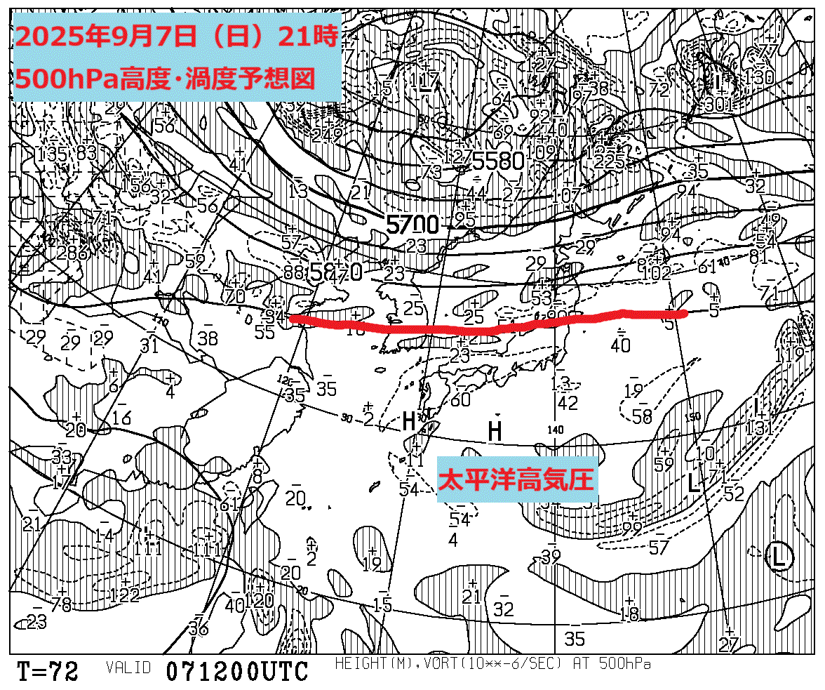 お天気コラム 2025年9月7日21時 500hPa高度渦度予想図【登山口ナビ】