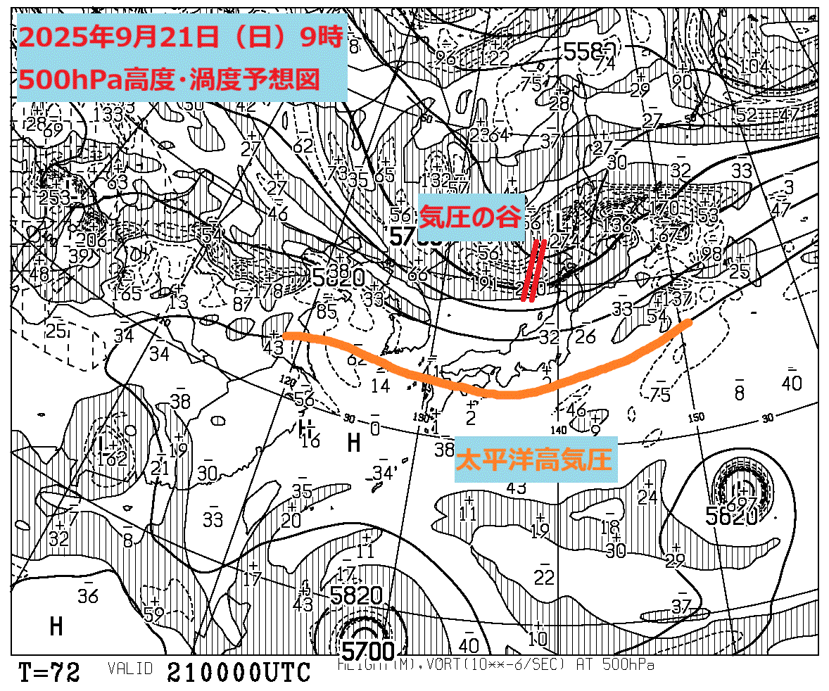 お天気コラム 2025年9月21日9時 500hPa高度渦度予想図【登山口ナビ】
