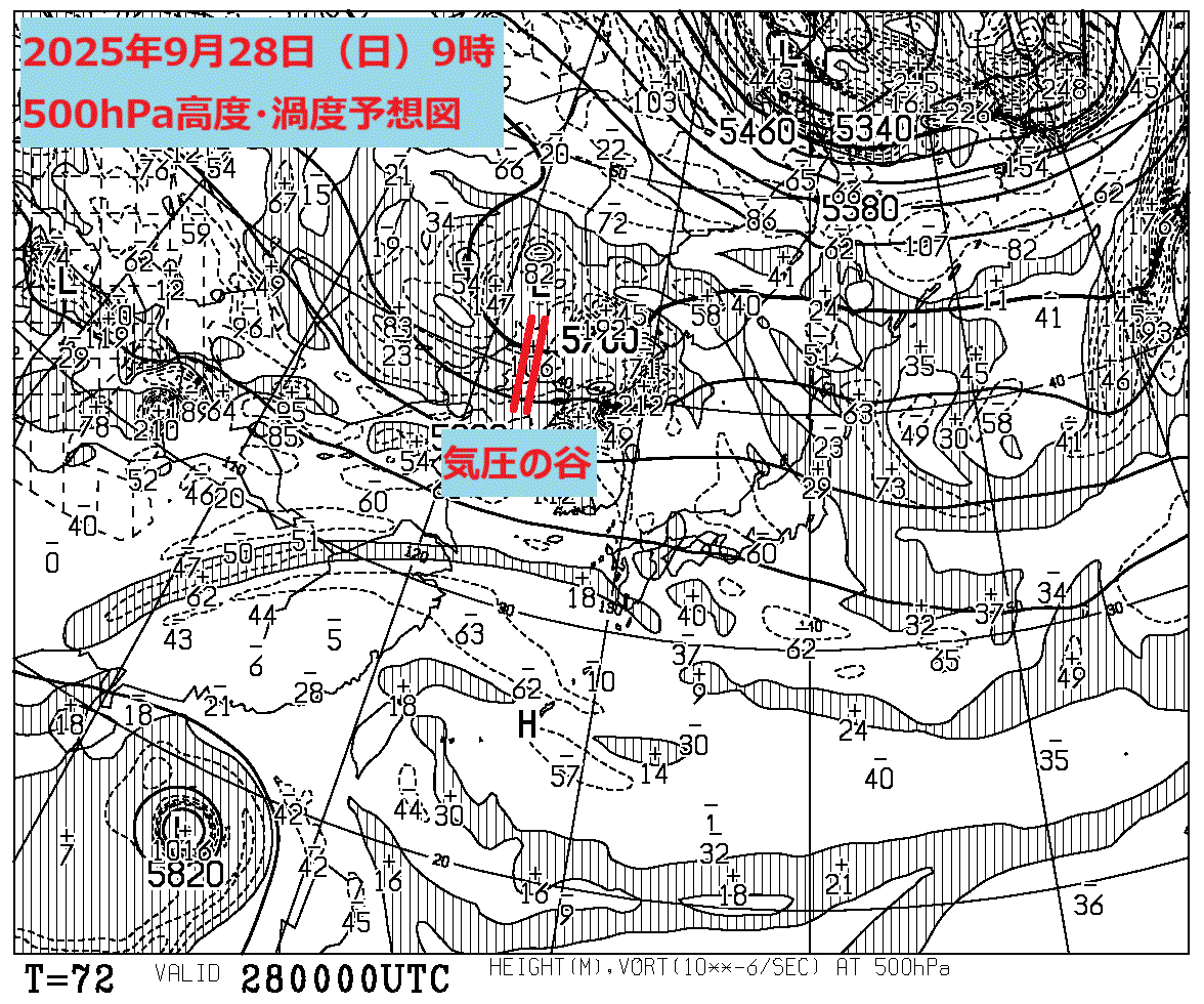 お天気コラム 2025年9月28日9時 500hPa高度渦度予想図【登山口ナビ】