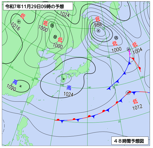 お天気コラム 2025年11月29日9時 地上予想天気図【登山口ナビ】