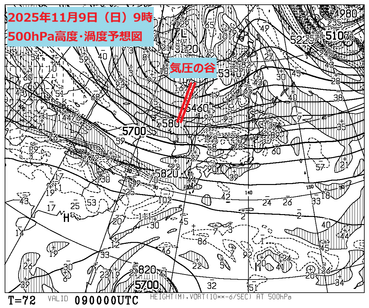 お天気コラム 2025年11月9日9時 500hPa高度渦度予想図【登山口ナビ】