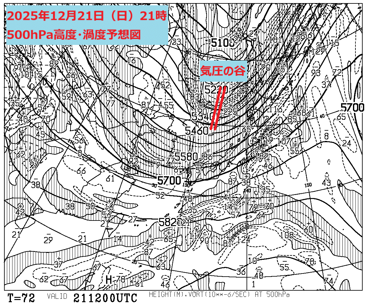 お天気コラム 2025年12月21日21時 500hPa高度渦度予想図【登山口ナビ】