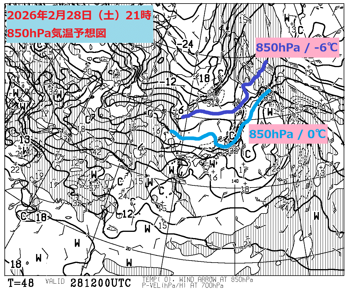 お天気コラム 2026年2月28日21時 850hPa気温予想図【登山口ナビ】