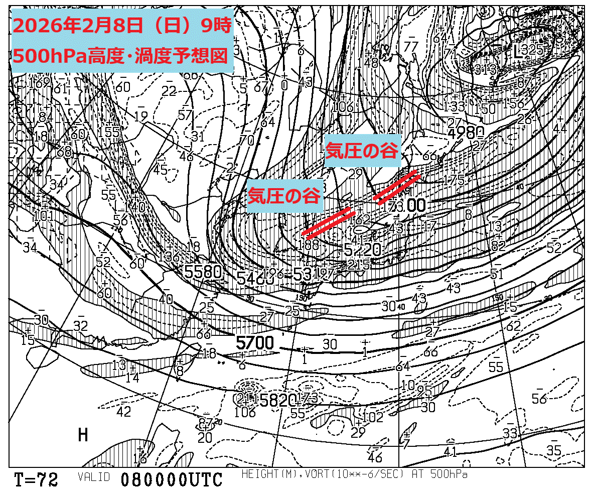 お天気コラム 2026年2月8日9時 500hPa高度渦度予想図【登山口ナビ】